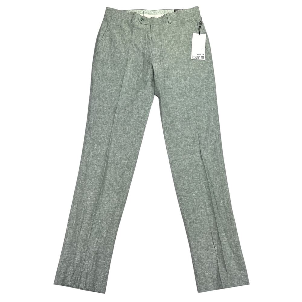 Bar III Mens Slim Fit Linen Cotton Stretch Solid Suit Pants Green 32x34